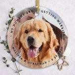 Ornamento De Cerâmica Custom Modern Engagement Pet Wedding Dog Photo<br><div class="desc">Celebrate your engagement and give unique dog wedding save the dates with these custom photo, and personalized 'My Humans Are Getting Married" wedding save the date ornament . Customize with your favorite photos, names and date. This custom photo wedding ornament is perfect for engagement party favors, surprise engagement announcement, and...</div>