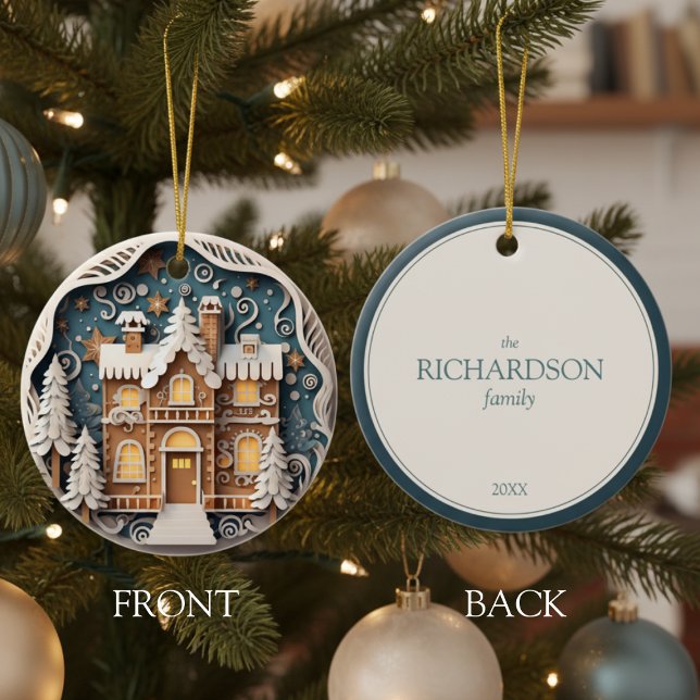 Ornamento De Cerâmica Custom Name 3D Gingerbread House Christmas (custom name 3D effect paper cut gingerbread house Christmas ornament)