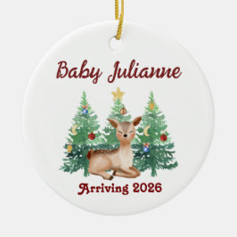 Ornamento De Cerâmica Custom Name Baby Announcement Deer Christmas