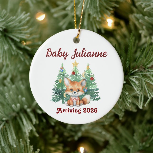 Ornamento De Cerâmica Custom Name Baby Announcement Fox Christmas (Árvore)