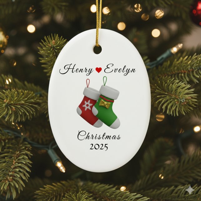 Ornamento De Cerâmica Custom Name Holiday Gift for Couples |  (Criador carregado)