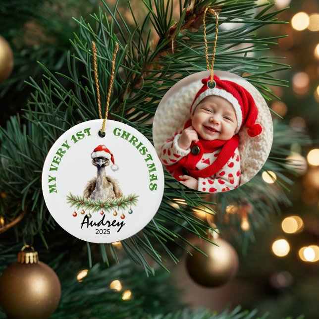 Ornamento De Cerâmica Custom Name & Photo Keepsake with Cute Aussie Emu (Criador carregado)