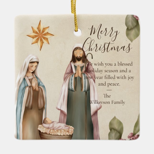 Ornamento De Cerâmica Custom Nativity Scene Religious Christmas Quote (Frente)