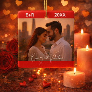 Ornamento De Cerâmica Custom Our First Valentine's Photo