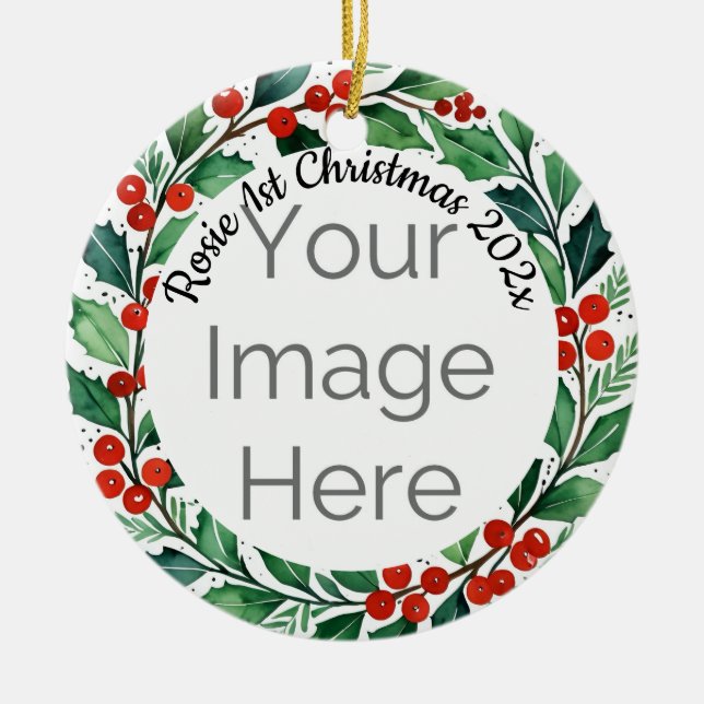 Ornamento De Cerâmica custom photo Christmas holly  ceramic ornament (Frente)