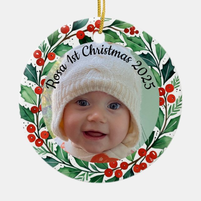 Ornamento De Cerâmica custom photo Christmas holly  ceramic ornament (Frente)