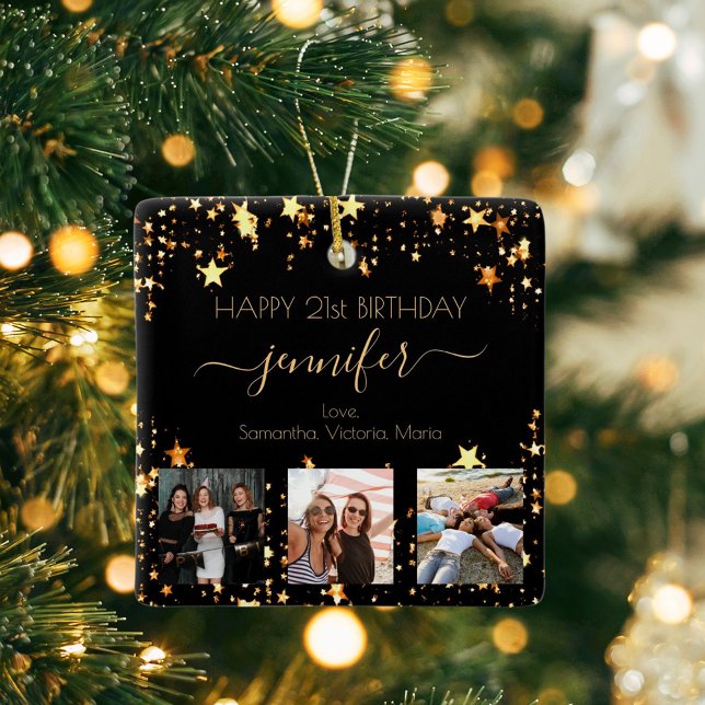 Ornamento De Cerâmica Custom photo friends birthday black gold stars (Criador carregado)