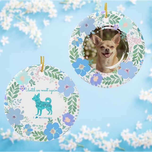 Ornamento De Cerâmica Custom Photo Pastel Blue Chihuahua & Floral (Criador carregado)