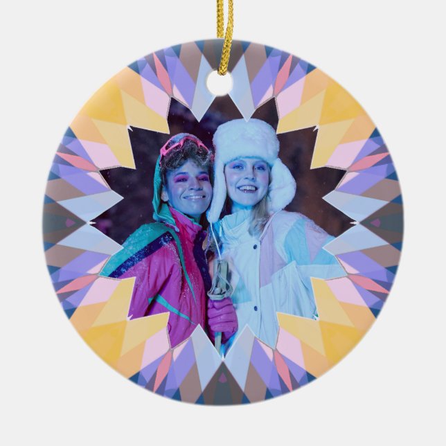 Ornamento De Cerâmica Custom Purple Yellow Christmas Star Photo Gift (Frente)