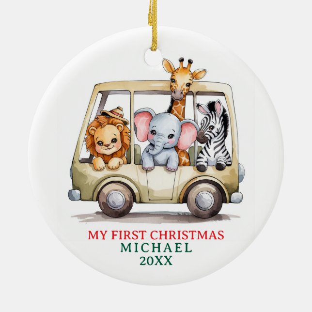 Ornamento De Cerâmica Custom Safari Animals Baby 1st First Christmas (Traseira)