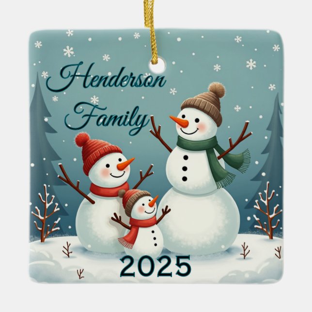 Ornamento De Cerâmica Custom Snowman Family Of Three (Frente)