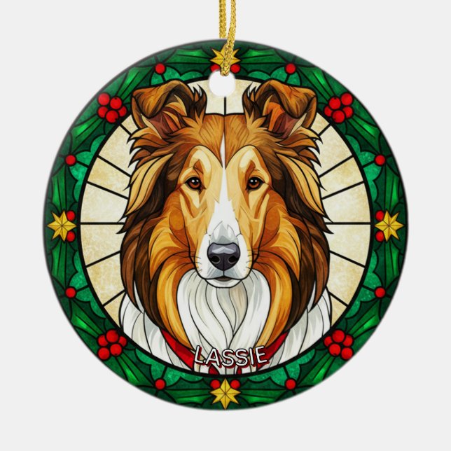 Ornamento De Cerâmica Custom Stained glass effect DOG'S name Christmas  (Frente)