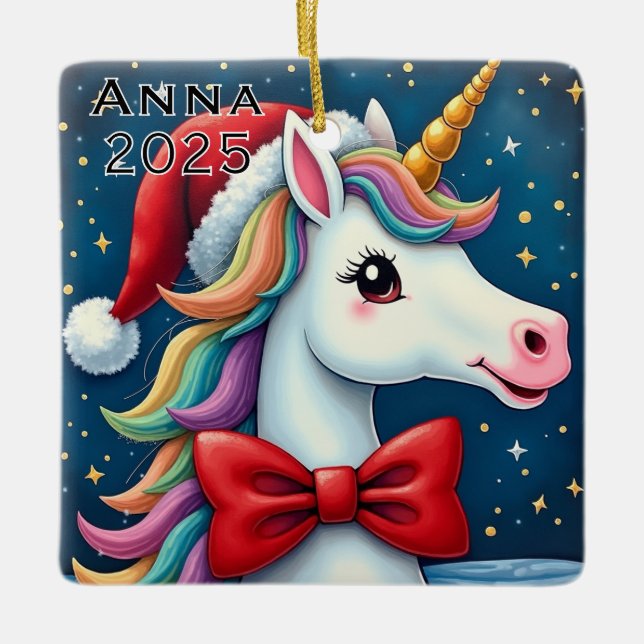 Ornamento De Cerâmica Custom Unicorn Red Bow (Frente)