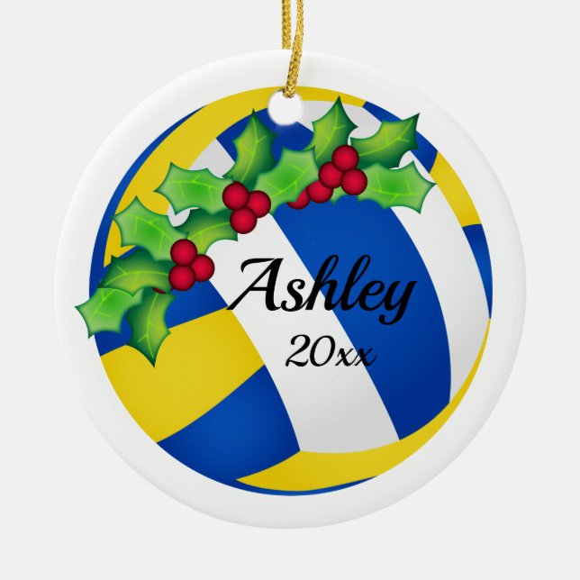 Ornamento De Cerâmica Custom Volleyball Christmas Ornament Blue - Yellow (Frente)