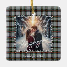 Ornamento De Cerâmica Custom Winter Engagement Photo Card with Tartan 