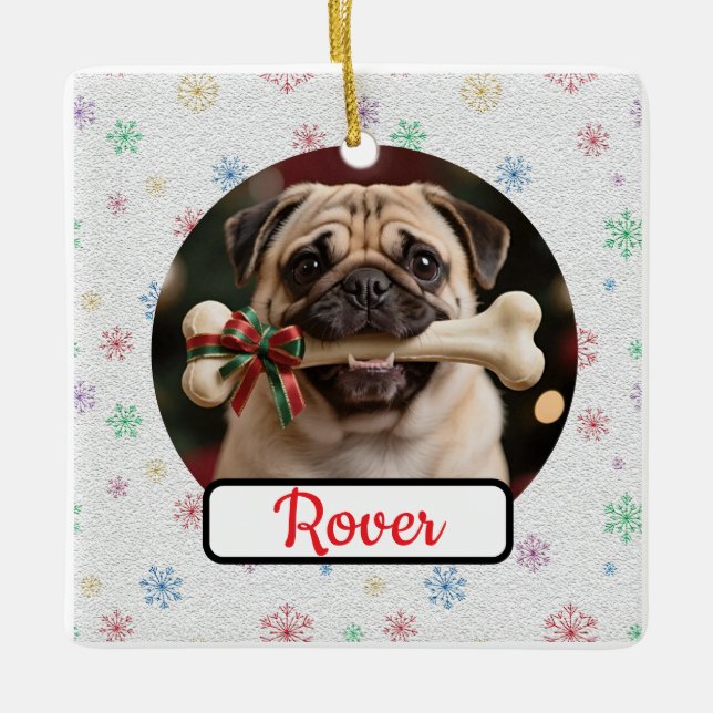 Ornamento De Cerâmica Customisable Dog And Bone Pet Square Christmas (Frente)