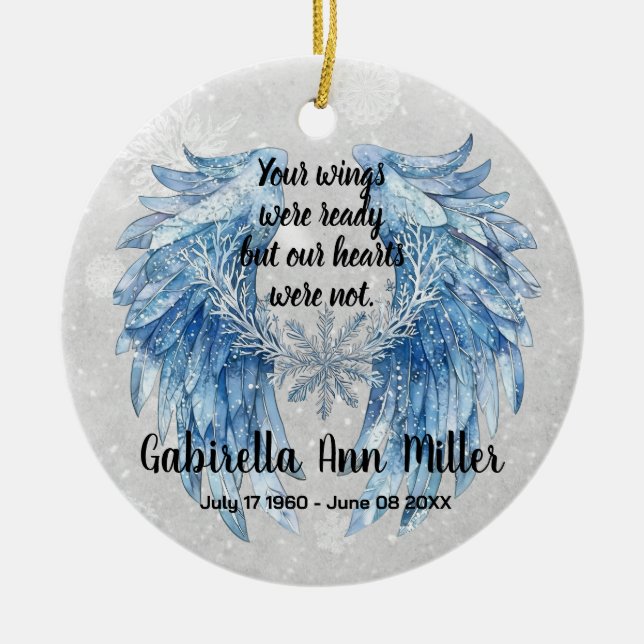 Ornamento De Cerâmica Customizable Angel Wings Memorial with Snowflake (Frente)