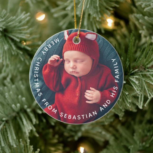 Ornamento De Cerâmica Customizable Text & Photo Elegant Merry Christmas (Árvore)