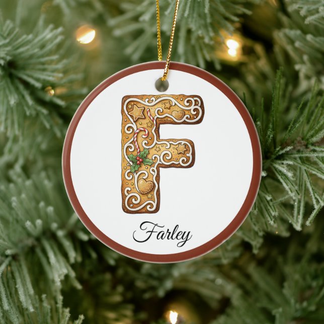 Ornamento De Cerâmica Customize Christmas Gingerbread Letter F Monogram (Árvore)