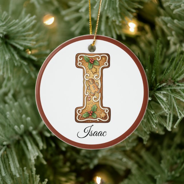 Ornamento De Cerâmica Customize Christmas Gingerbread Letter I Monogram (Árvore)