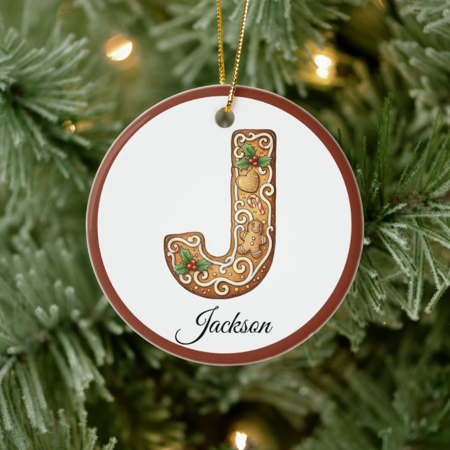 Ornamento De Cerâmica Customize Christmas Gingerbread Letter J Monogram (Árvore)