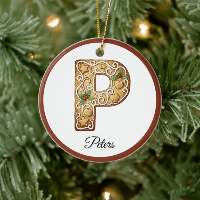 Ornamento De Cerâmica Customize Christmas Gingerbread Letter P Monogram (Árvore)