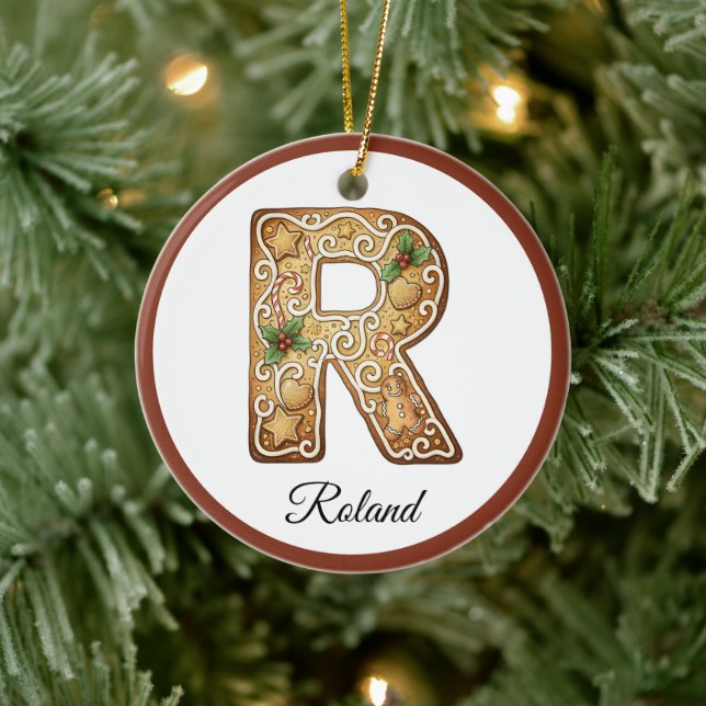 Ornamento De Cerâmica Customize Christmas Gingerbread Letter R Monogram (Árvore)