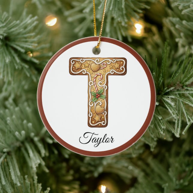 Ornamento De Cerâmica Customize Christmas Gingerbread Letter T Monogram (Árvore)