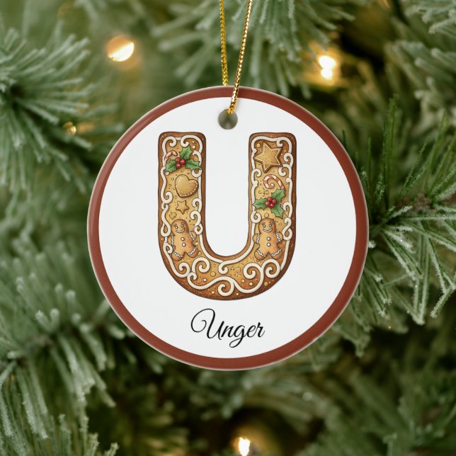 Ornamento De Cerâmica Customize Christmas Gingerbread Letter U Monogram (Árvore)