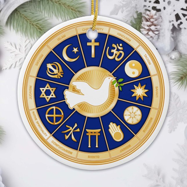 Ornamento De Cerâmica Customize Dove of Peace Ornament (Gold icons of world faiths surround the Dove of Peace. )