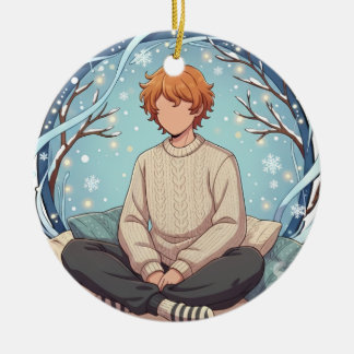 Ornamento De Cerâmica Cute Anime Boy Drinking Coffee in Winter