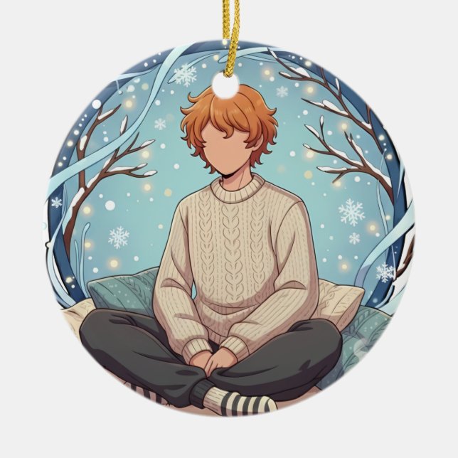Ornamento De Cerâmica Cute Anime Boy Drinking Coffee in Winter (Frente)