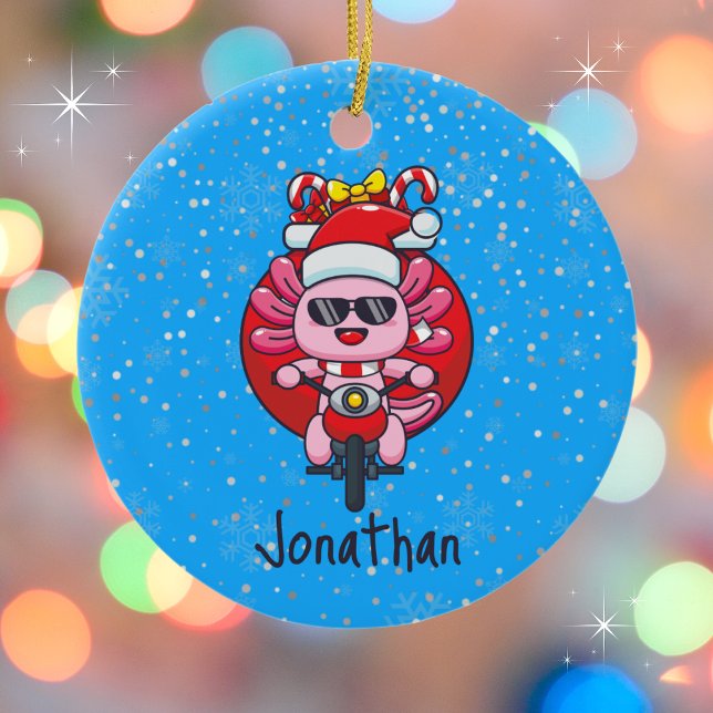Ornamento De Cerâmica Cute Axolotl dirigindo uma moto com Santa Hat (Personalize with a name. Available in assorted ornaments and products.)