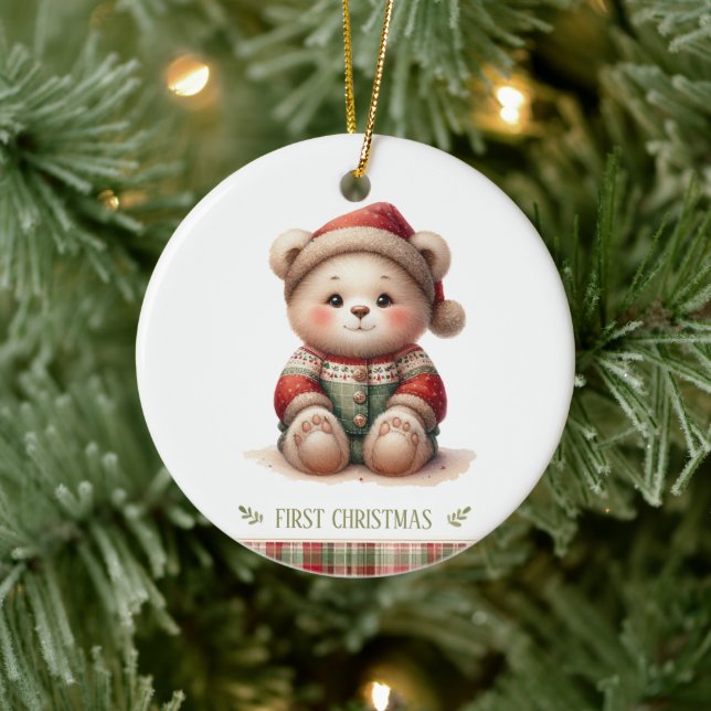 Ornamento De Cerâmica Cute Baby Bear First Christmas Keepsake Photo (Árvore)
