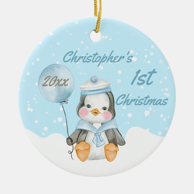 Ornamento De Cerâmica Cute Baby Boy Penguin's First Christmas Blue (Frente)