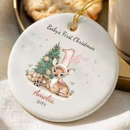 Ornamento De Cerâmica Cute baby deer first Christmas pink personalized 