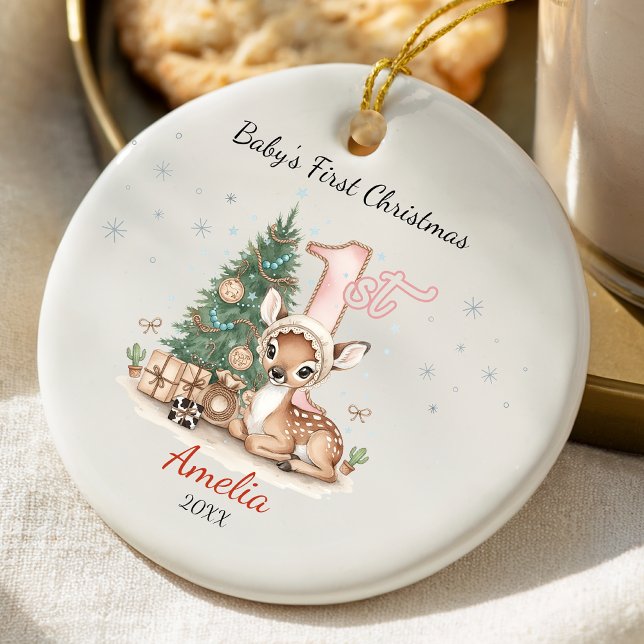 Ornamento De Cerâmica Cute baby deer first Christmas pink personalized  (Criador carregado)