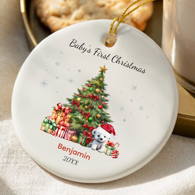 Ornamento De Cerâmica Cute baby first Christmas tree presents teddy bear (Criador carregado)