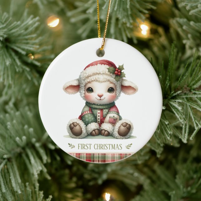 Ornamento De Cerâmica Cute Baby Lamb First Christmas Keepsake Photo (Árvore)