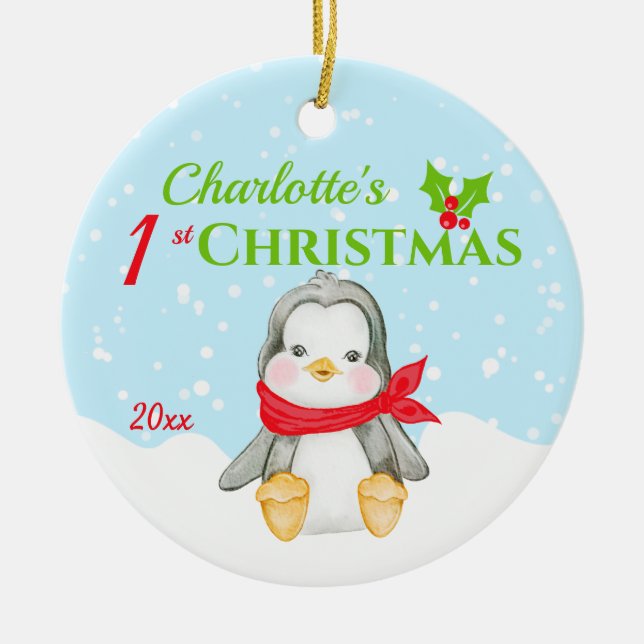 Ornamento De Cerâmica Cute Baby's 1st Christmas Penguin Photo  (Frente)