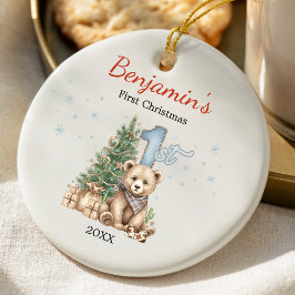 Ornamento De Cerâmica Cute baby's first Christmas tree blue teddy bear