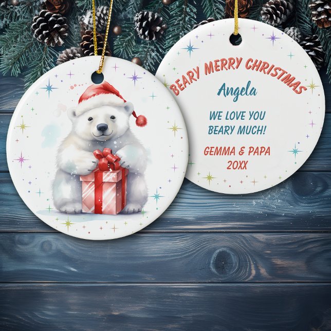 Ornamento De Cerâmica Cute Beary Merry Christmas Granddaughter (Criador carregado)