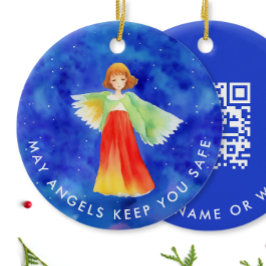 Ornamento De Cerâmica Cute Blue Guardian Angel Website QR Code Scaneável