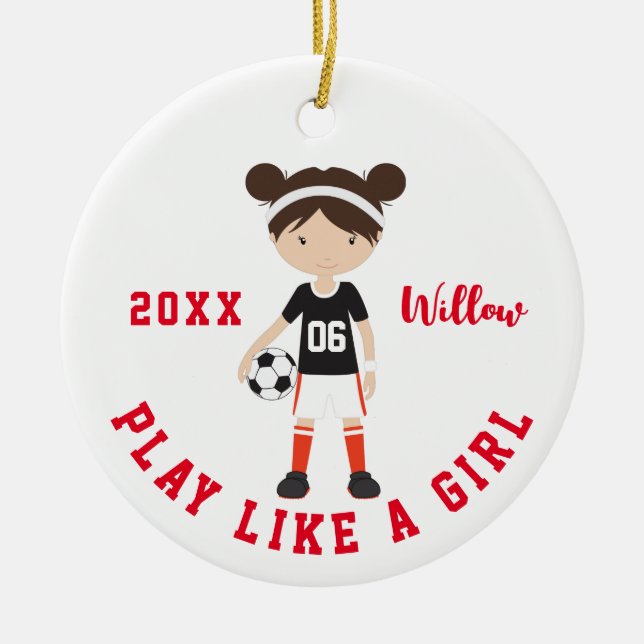 Ornamento De Cerâmica Cute Brunette Girl Soccer Personalized Christmas C (Frente)