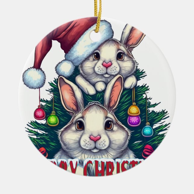 Ornamento De Cerâmica Cute Bunny Merry Christmas – Holiday Rabbit (Frente)