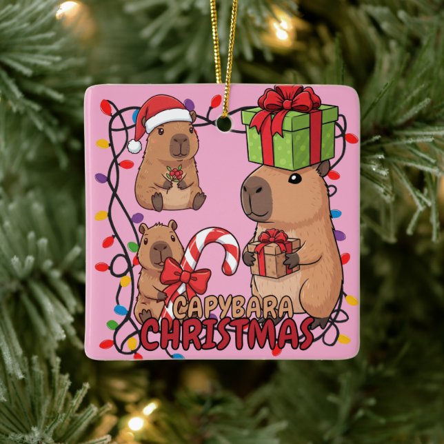 Ornamento De Cerâmica Cute Capybara Christmas Lights Festive Party Pink (Árvore)