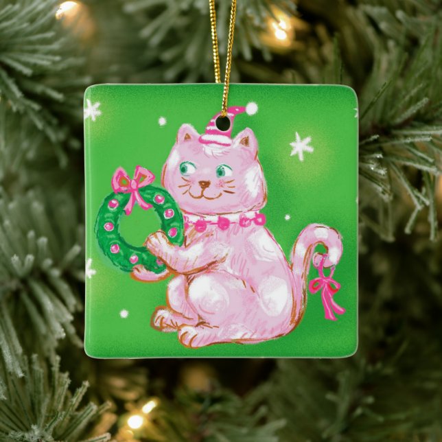 Ornamento De Cerâmica Cute Cartoon Christmas Cat Holding Wreath (Árvore)
