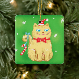 Ornamento De Cerâmica Cute Cartoon Christmas Cat with Santa Hat