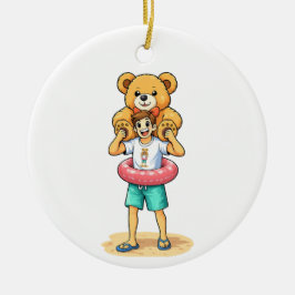 Ornamento De Cerâmica Cute Cartoon Man with Giant Teddy Bear Summer Fun