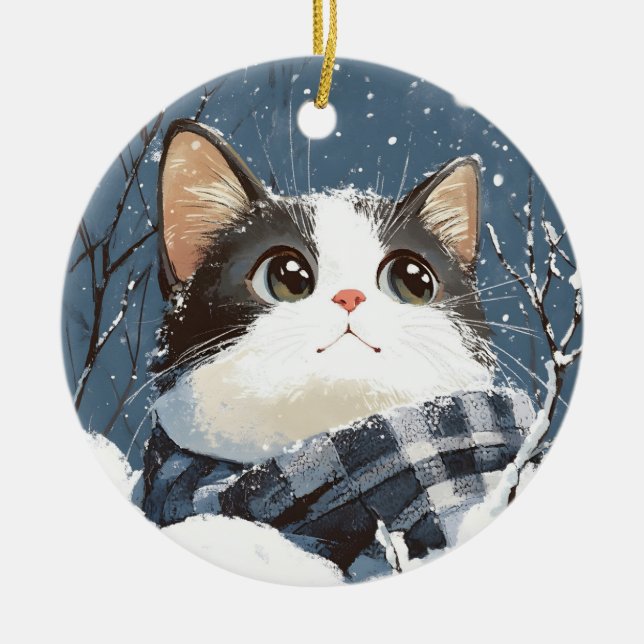 Ornamento De Cerâmica Cute cat cozy winter snow (Frente)